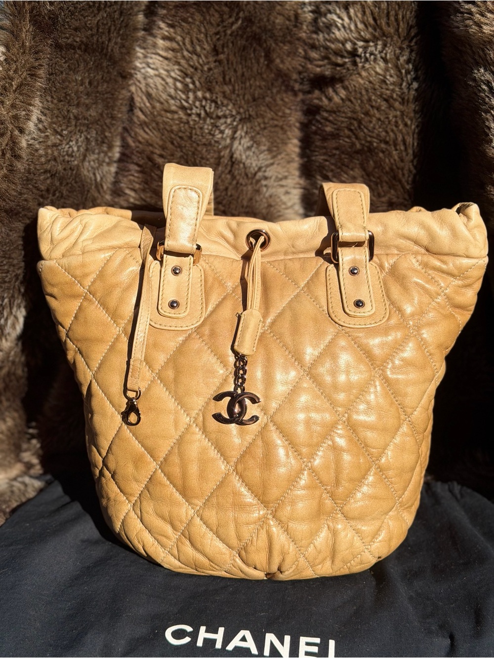 Vintage Chanel Beige North South Cloudy Bundle Quilted Lambskin Rose Gold HW